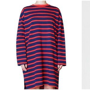 6397 Navy Blue Red Striped Pique Long Sleeve Dress Women's Size Small